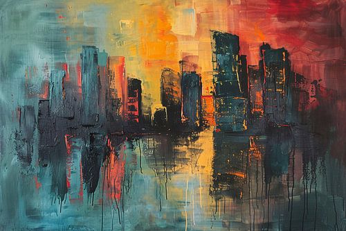 Dynamische Abstracte Stedelijke Skyline bij Zonsondergang