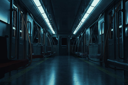 Donkere metro-rijtuig met blauwe verlichting van Besa Art