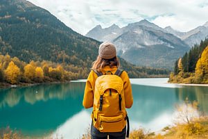 Junge Wanderin mit gelbem Rucksack blickt auf einen malerischen Bergsee