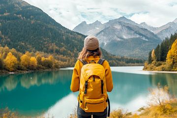 Young female hiker with a yellow rucksack looks out over a picturesque mountain lake by Animaflora PicsStock