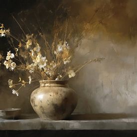 Blumenstillleben | Weiches Licht Vase und Blumen von Blickfänger Gemälde