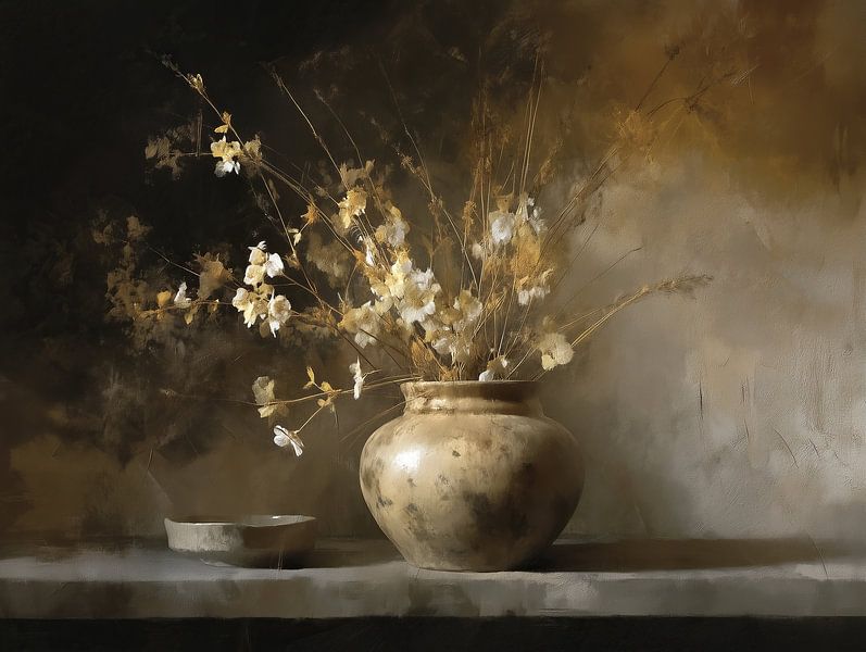 Blumenstillleben | Weiches Licht Vase und Blumen von Blickfänger Gemälde