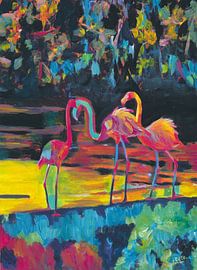 Flamingos in the style of the impressionist expressionist Phoenicopterus Roseus by Markus Bleichner