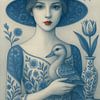 Frau mit Ente und Tulpen - Delfter Blau Porträt von Kleurenrijk