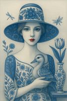 Femme avec canard et tulipes - portrait en bleu de Delft
