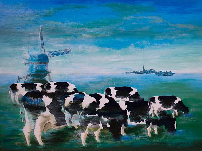 Kühe verschwinden im Nebel auf dem Land in einer südholländischen Landschaft. von Kleurrijke diepgang en modern blauw