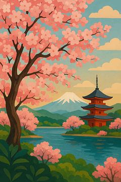 Japanese cherry blossom nature illustration. by Gallery Hoppenbrouwers