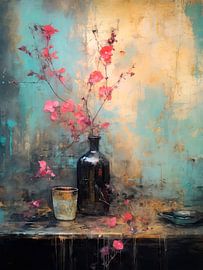 Flower Still Life in a Dark Bottle - Wabi-Sabi Art by Joriali Fine Art