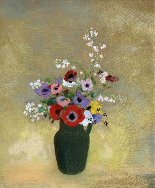 Large Green Vase with Mixed Flowers, Odilon Redon by Meesterlijcke Meesters