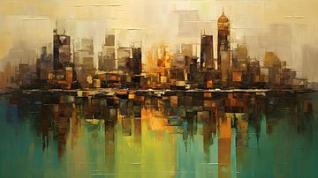 Abstracte reflectie van een skyline in rivier - olieverf van Jan Bechtum