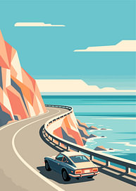 Vintage coupé die over een weg langs de kustkliffen rijdt, vlakke vectorillustratie van Adam Khabibi