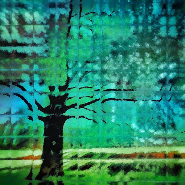Digitaal scdigitaal schilderij van een boom à la Mondriaan stijl, van Ruben van Gogh - smartphoneart
