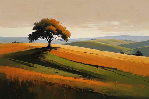 Solitaire boom tegen kleurrijke heuvellandschap