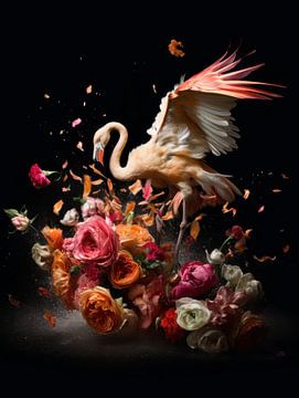 Flamingo in een Explosie van Bloemen en Kleuren van Eva Lee
