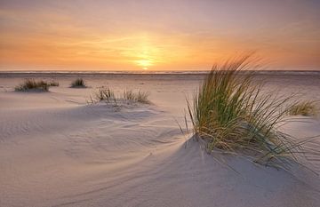 La plage de Texel au coucher du soleil sur John Leeninga