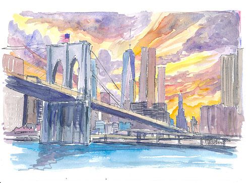 Le pont de Brooklyn au coucher du soleil avec la ligne d'horizon de Manhattan