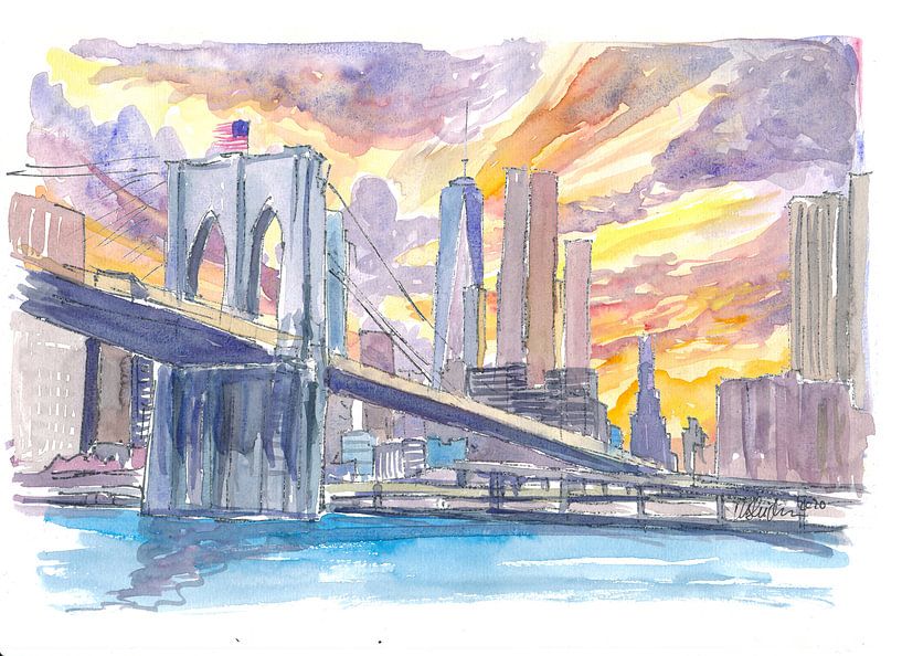 Brooklyn Bridge bij zonsondergang met de skyline van Manhattan van Markus Bleichner