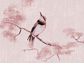 Eleganter japanischer Vogel auf Zweig im Sumi-e-Stil - Korallenrosa von Studio Pieternel