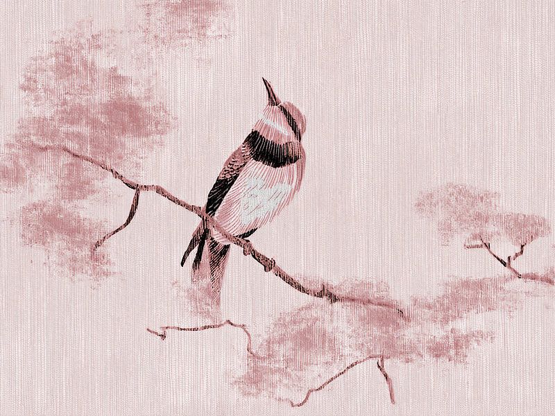 Élégant oiseau japonais sur une branche en style Sumi-e - Rose corail par Studio Pieternel