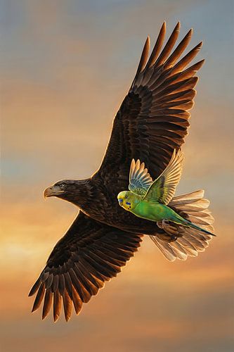 Adelaar en parkiet vliegen in de zonsondergang