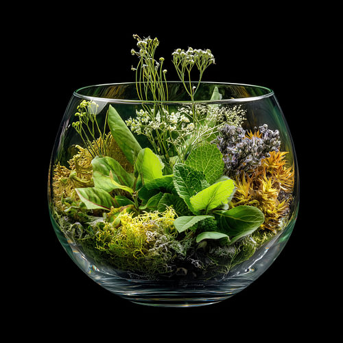 Glass bowl with plants and flowers