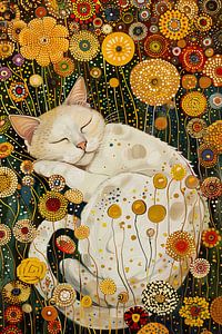 Jardin de fleurs avec chat dans le style de Gustav Klimt