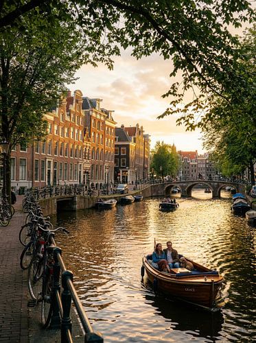 Un canal d'Amsterdam au coucher du soleil