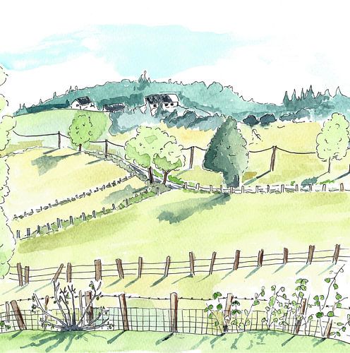 Colorful sketch of landscape in French Limousin