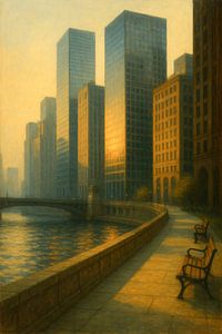 Chicago Riverwalk Einsamkeit: Leere Bänke zur goldenen Stunde