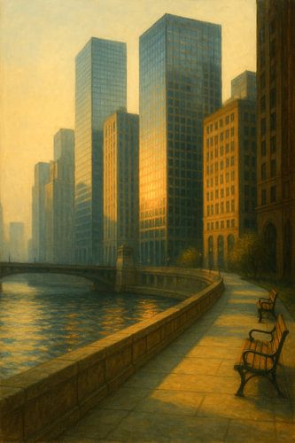 Chicago Riverwalk Solitude: Lege bankjes tijdens het gouden uur