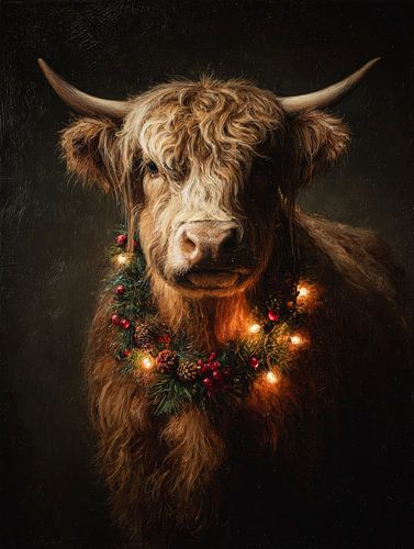 Schottischer Highlander mit Weihnachtskranz und warmen Lichtern vor dunklem Hintergrund