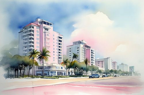 Aquarelle Landschaft  Häuser in Miami