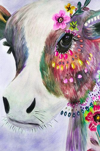 Koe met Bloemen Abstract Waterverf