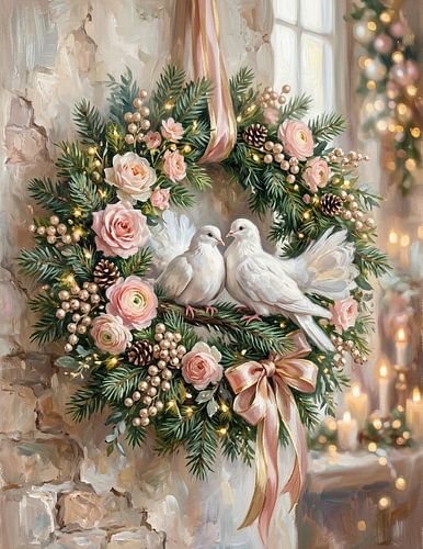 Kerstkrans met witte duiven