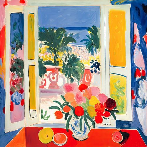 Raam met fleurig uitzicht op Middellandse zee