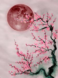 Japandi-Einrichtungsstil: Japanische Kirschblüte bei Vollmond.