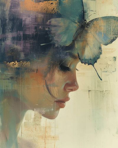 Portret met een grote blauwe vlinder