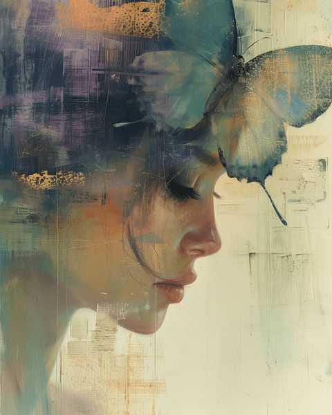 Portrait with a large blue butterfly by Carla Van Iersel