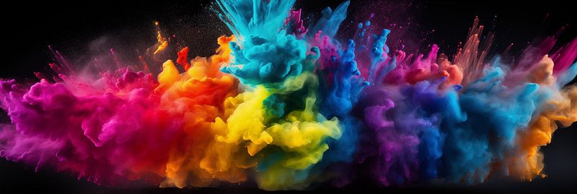 Regenbogenfarbenes Holi-Pulver-Burst-Banner, Kunstdesign auf schwarzem Hintergrund von Animaflora PicsStock