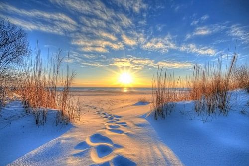Coucher de soleil sur des dunes enneigées