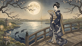 Eine Geisha im Mondlicht, die anmutig eine traditionelle Brücke zwischen blühenden Zweigen überquert von my pixel art