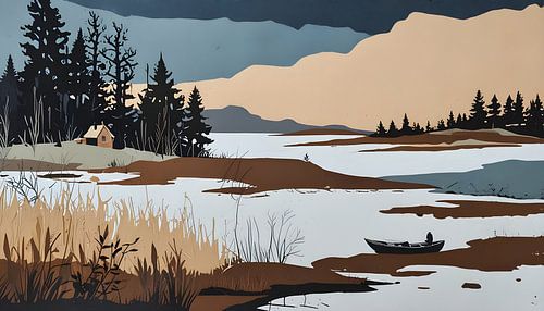 Cabin in a Nordic moorland landscape