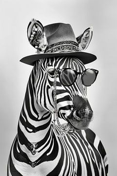 Zebra met hoed en zonnebril in zwart en wit van Felix Brönnimann