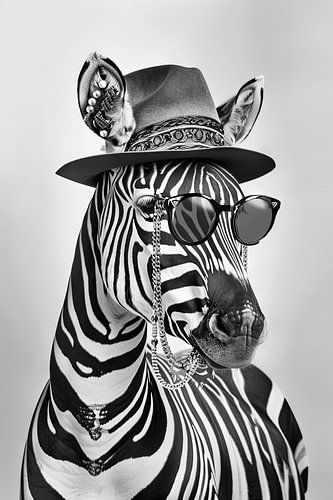 Zebra with hat and sunglasses in black and white