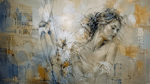 Portrait de femme abstrait – Peinture en doré, bleu &, argenté, avec texture