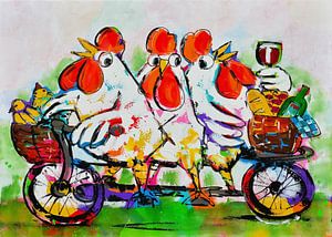 Hühner auf dem Tandem von Vrolijk Schilderij