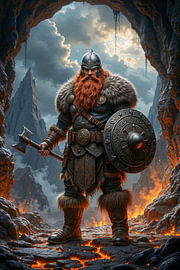 Dark Fantasy Art Wandbild: GRIMVAR - Ein Zwerg steht vor einen Höhleneingang von INFERAURUM - Dark Fantasy Wall Art