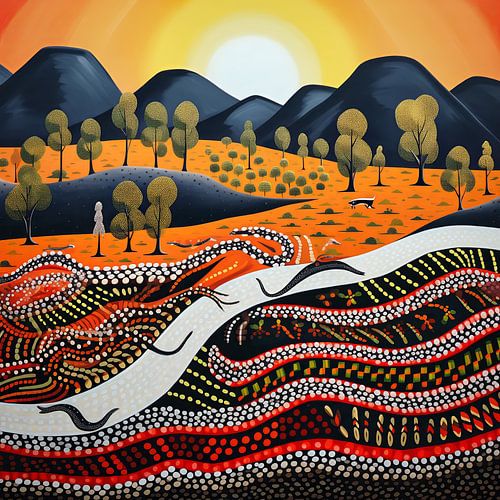slang koesterend bij zonsopgang Aboriginal schilderij