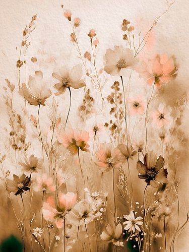 Champ de fleurs sauvages en sépia et rose saumoné