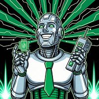 Roboter-Geschäftsmann hält Chip und Vintage-Handy